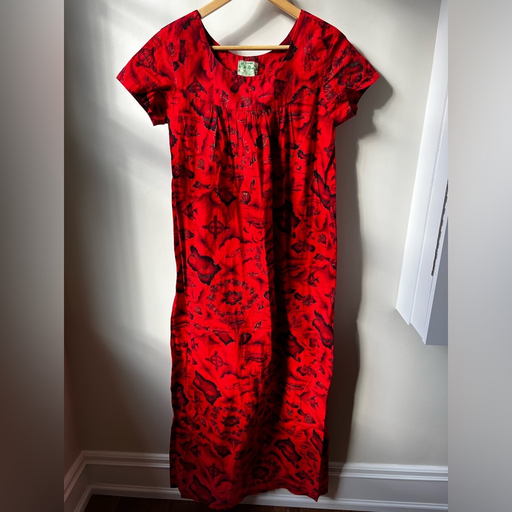 UI-MAIKAI Vintage Red Floral Hawaiian Aloha Maxi Dress  Cotton Vacation Island S